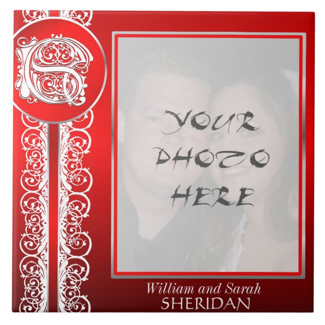 S Monogramm "Weiße Spitzen auf Rot" mit Foto - Til Fliese (Vorderseite)