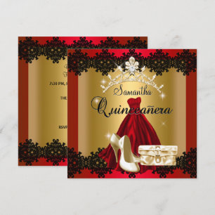 S Quinceanera 15. Rot Schwarz Gold Diamant Tiara Einladung