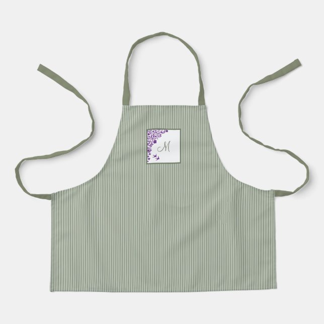 S Sage Green Strip Lila Blumenzellenschrift Monogr Schürze (Vorderseite)