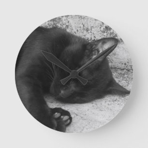 S/W - Schlafende Katze Runde Wanduhr