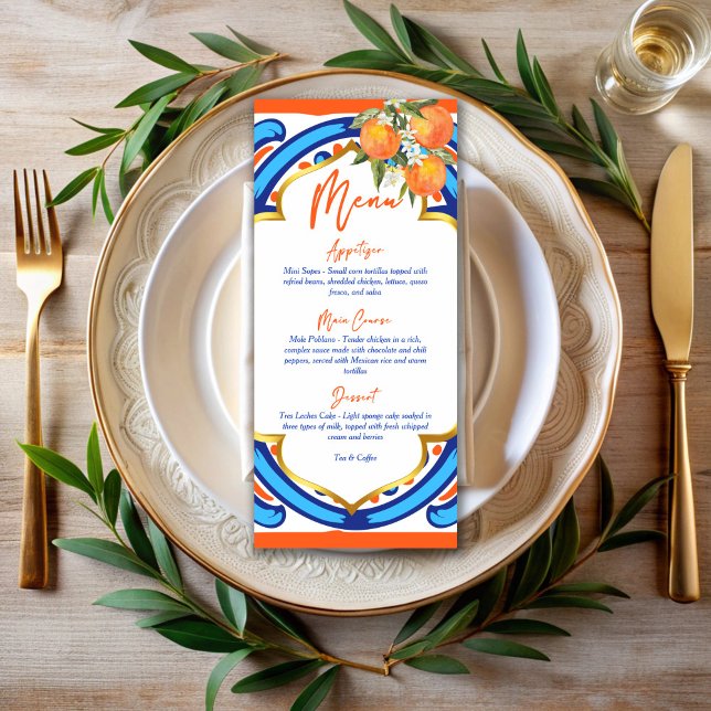 Sa carte de menu principal Squeeze orange (Her Main Squeeze bridal shower orange blue tiles customized menu card template personalized decor)