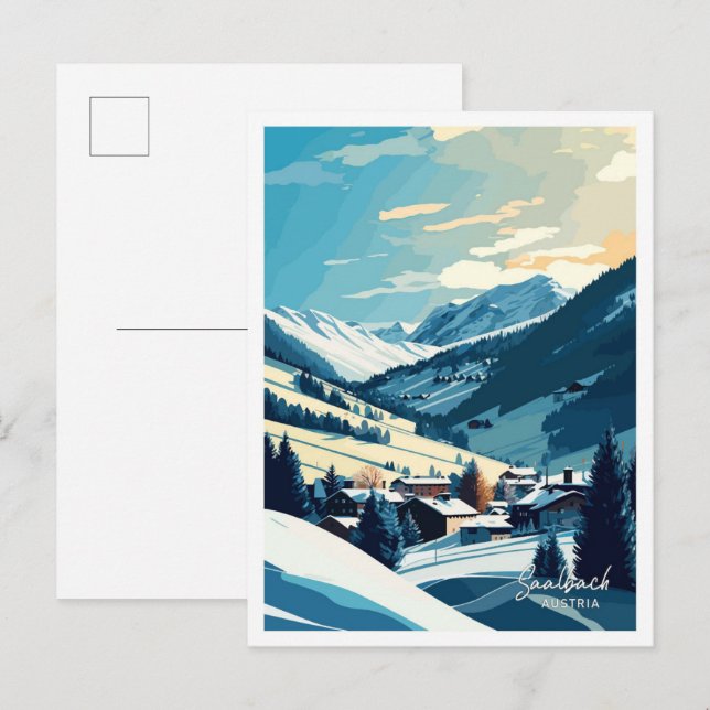 Saalbach Austria Travel Vintag Illustration Postkarte (Vorne/Hinten)