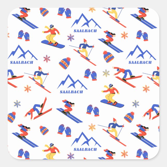 Saalbach Österreich Alpen Ski Snowboard Muster Quadratischer Aufkleber (Vorderseite)