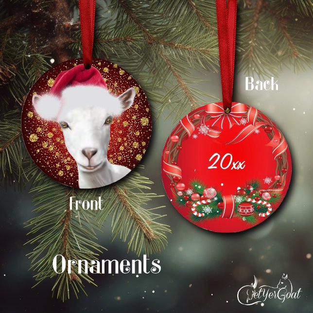 Saanen Dairy Goat Weihnachtsmannmütze Weihnachtssc Keramik Ornament (Pretty Saanen doe oil painting portrait - with gold snowflakes - dated on the back #zazzlemade)