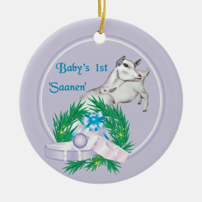 Saanen Goat Baby's First Christmas Wreath Holiday Keramikornament (Vorne)