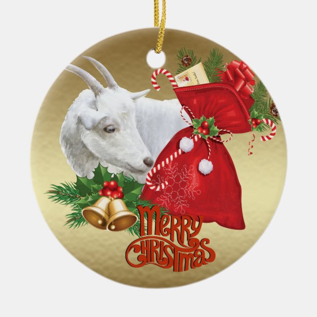 Saanen Weihnachtsziege im Holiday Spirit Keramikornament (Vorne)