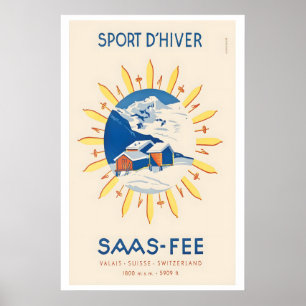 Saas-Fee Valais Suisse Schweiz Vintage Ski Poster