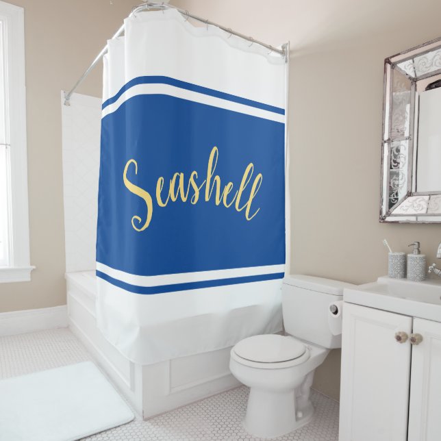 SAASHELL Script Royal Blue White Racing Stripes Duschvorhang (Beispiel)