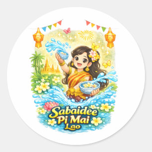 Sabaidee Pi Mai – Süßes Lao-Mädchen-Wasserfest-Shi Runder Aufkleber