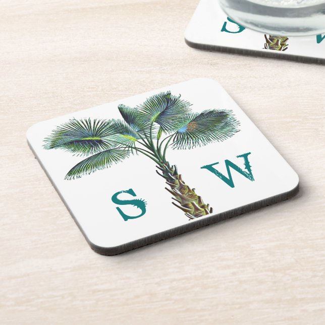 Sabal Palm Tree Monogram Coastal Stone Untersetzer (Linke Seite)