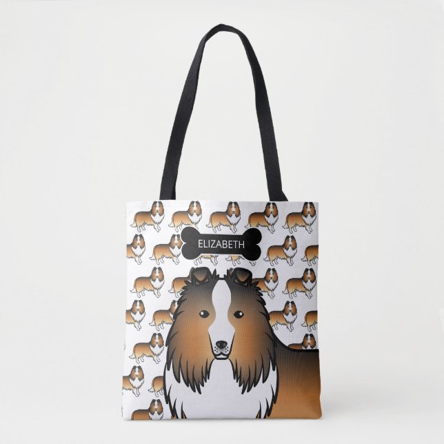 Sable Shetland Sheepdog Hund und Knochen & Name Tasche (Vorderseite)