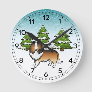Sable Shetland Sheepdog im Winterwald Runde Wanduhr