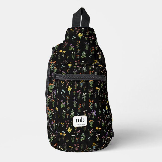Sac À Bandoulière Aquarelle fleur sauvage Floral botanique noir (Recto)