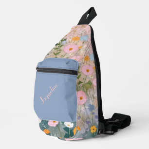 Sac À Bandoulière Arrière - plan des prairies de printemps bleu et r