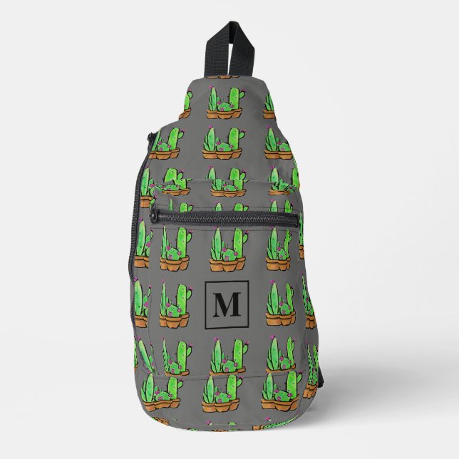 Sac À Bandoulière Cactus cactus succulents motif gris monogramme (Recto)