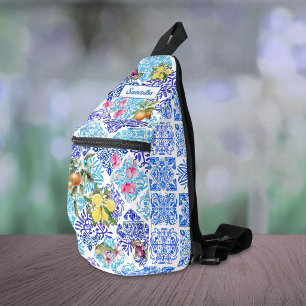 Sac À Bandoulière Carreau floral de citrus azulejo bleu jaune sicili