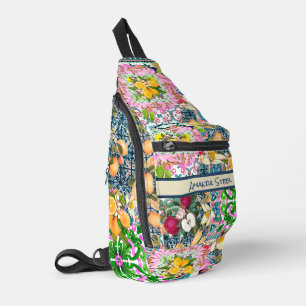 Sac À Bandoulière Carreaux floraux d'agrumes siciliens bleu chic