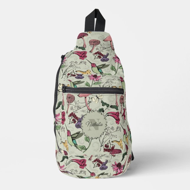 Sac À Bandoulière Colibri vert, feuillage et fleurs chic Sage (Recto)