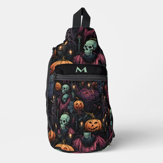 Sac À Bandoulière Crânes Citrouille noir gothique (Recto)