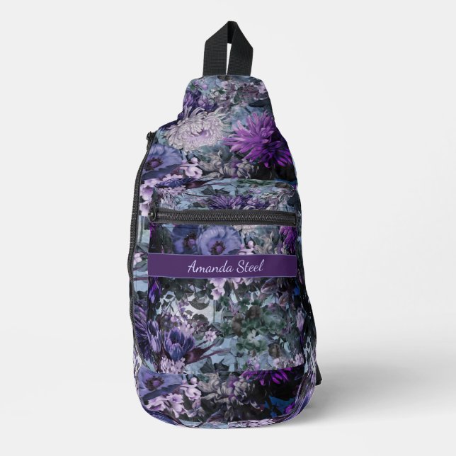 Sac À Bandoulière Élégant bleu violets floral monogrammé imprimé (Recto)