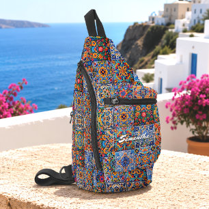 Sac À Bandoulière Élégant Carreaux de Talavera Rouges Jaunes Monogra