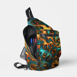 Sac À Bandoulière Flammes de couleur : danse fractale sarcelle, or,