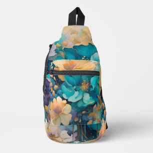 Sac À Bandoulière Fleurs d'aquarelle Turquoise Gold Purple Navy