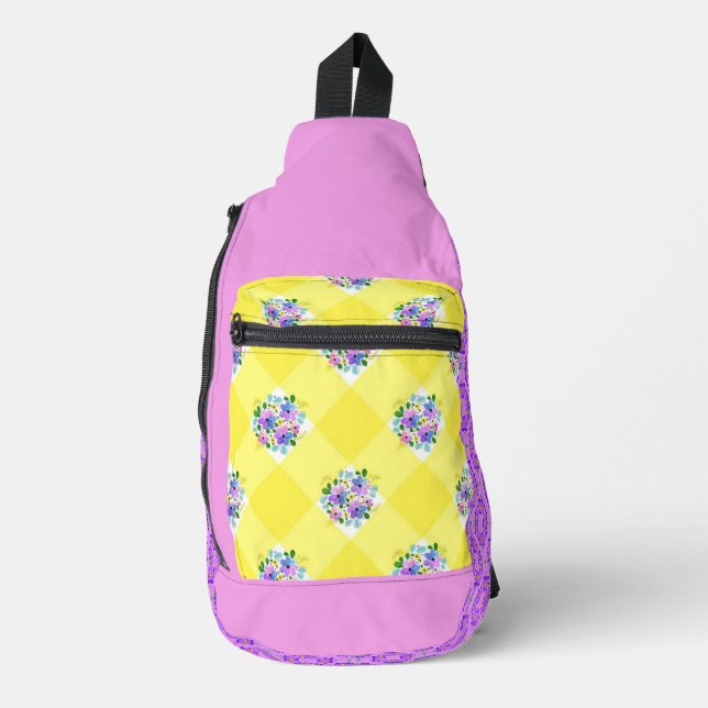 Sac À Bandoulière Fleurs En vichy jaunes et violettes Pays (Recto)