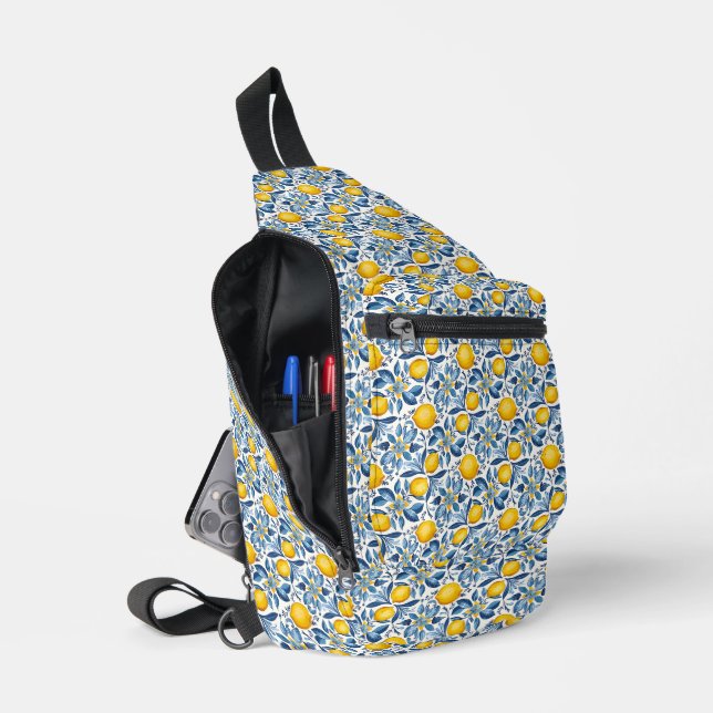 Sac À Bandoulière Lemon Botanical Blue and Yellow Summer Print (Ouvrir)