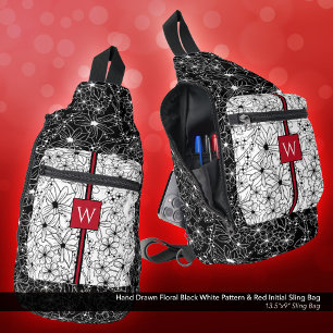 Sac À Bandoulière Main dessinée Floral noir blanc Motif rouge initia