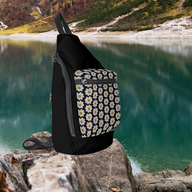 Sac À Bandoulière Modèle floral dahlia blanc sur noir (In Situ)