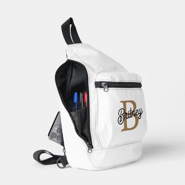 Sac À Bandoulière Monogramme moderne élégant Nom Black Gold Script (Ouvrir)
