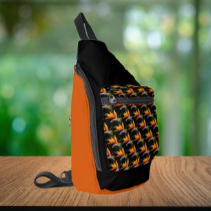 Sac À Bandoulière Motif Plante Orange Bird of Paradise sur Noir