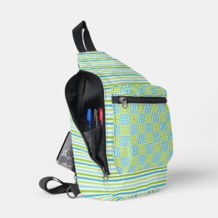 SAC À BANDOULIÈRE NUANCES DE RAYURES BLEUES ET VERTES MOTIF GREC