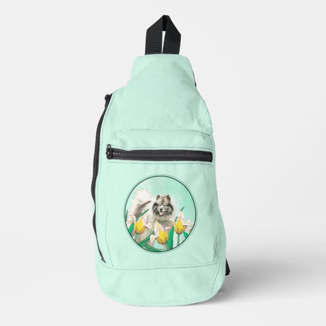 Sac À Bandoulière Peinture Keeshond dans les tulipes mignonne art or (Recto)