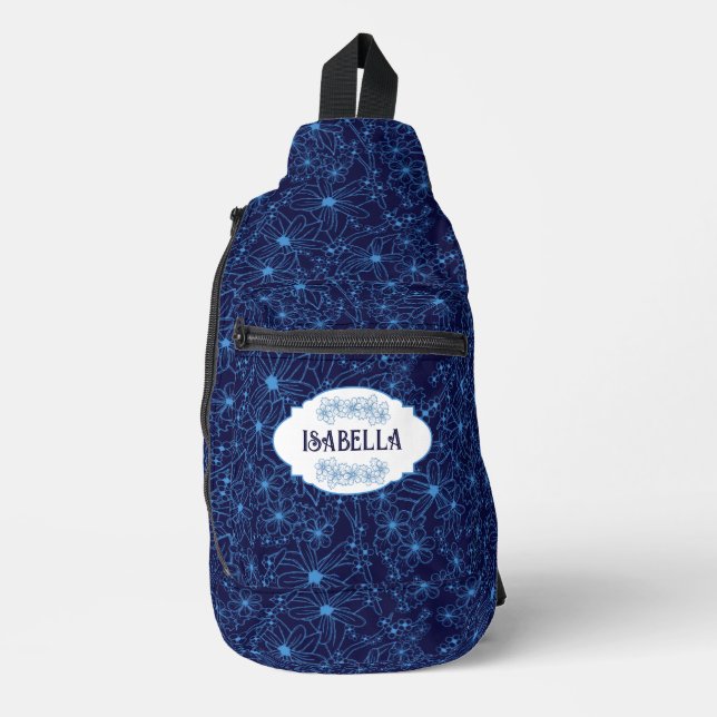 Sac À Bandoulière Personalized Name Feminine Blue Floral Pattern (Recto)