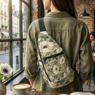 Sac À Bandoulière Vert Sauge Et Fleurs Crème 