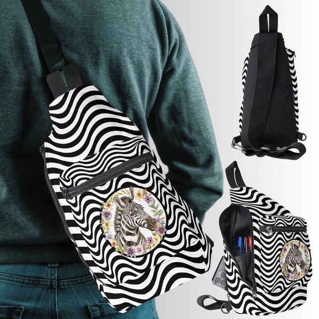 Sac À Bandoulière Zebra Floral Wreath Black White Wavy (Zebra Floral Wreath Black White Wavy Stripes Sling Bag)