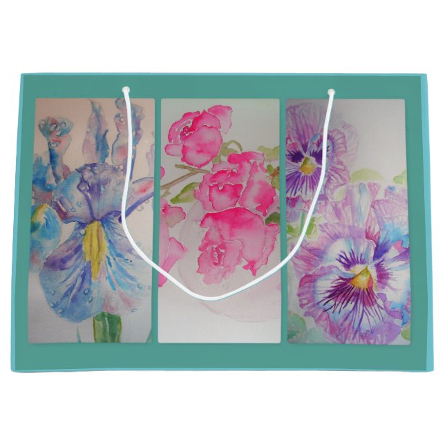Sac à cadeau aquarelle turquoise Fleurs d'Amour (Devant)