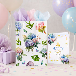 Sac à cadeau moyen élégant rose bleu hydrangea pou