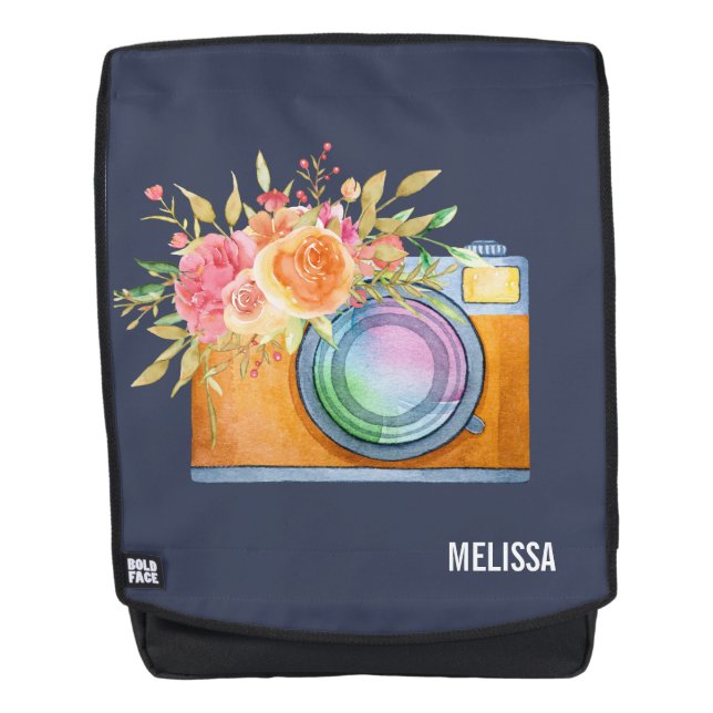Sac À Dos Boho Orange Caméra & Bouquet Floral Aquarelle (Devant)