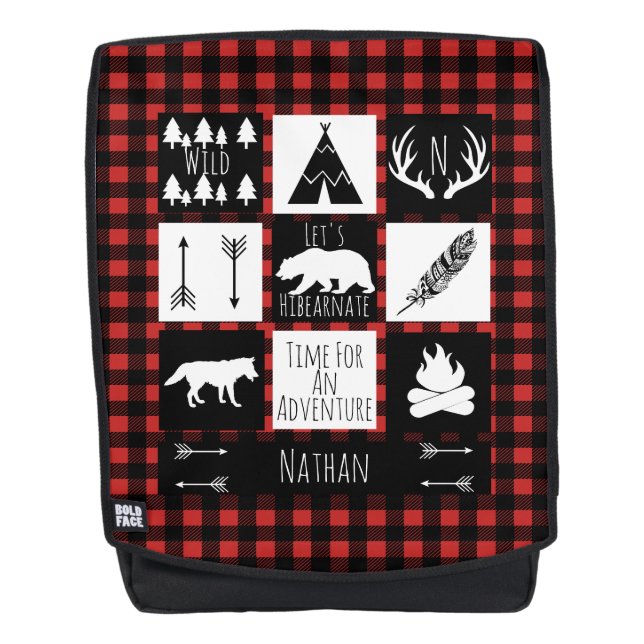 Sac À Dos Buffle sauvage rustique Vérifier Plaid & Nom (Devant)