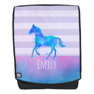 Sac À Dos Cheval en Aquarelle bleu et violet Personnalisé