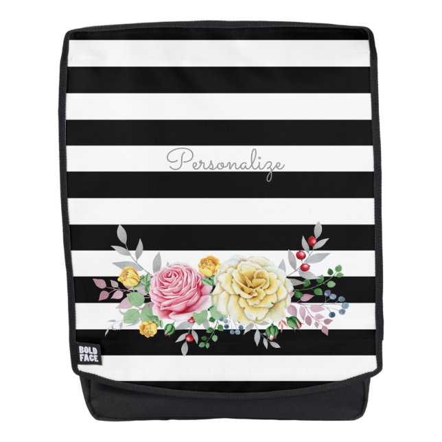 Sac À Dos Chic Rose Floral tendance rayures noires et nom (Devant)