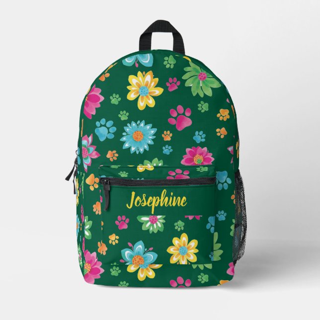 Sac à dos Empreinte de patte Floral avec nom perso (Recto)