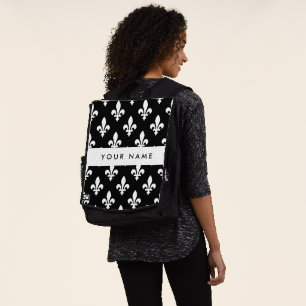 Sac À Dos Fleur de Lis, Blanc sur Noir, Blanc, Votre Nom