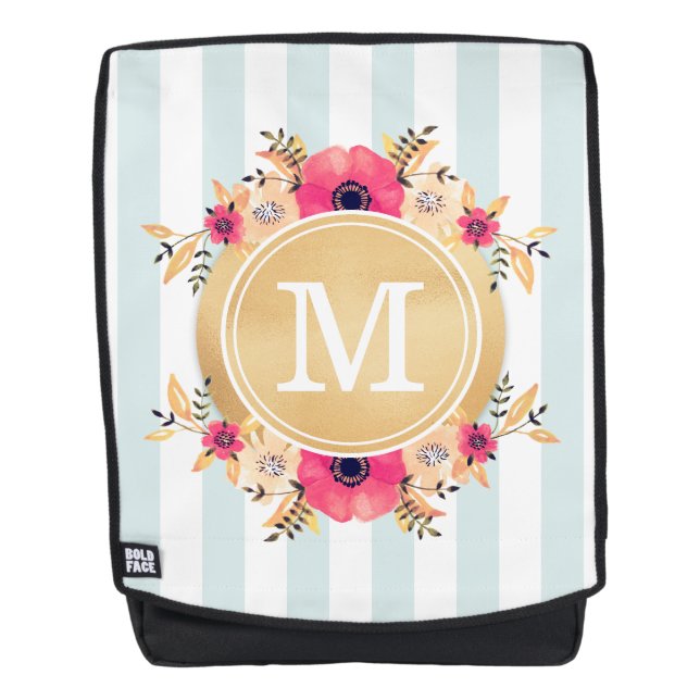 Sac À Dos Fleurs d'aquarelle à la menthe Faux or Monogramme (Devant)