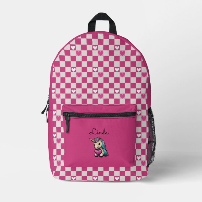 Sac À Dos Imprimé à damiers Coeurs et licorne (Recto)