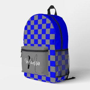 Sac À Dos Imprimé à damiers couleur gris bleu - Nom initial Monogram