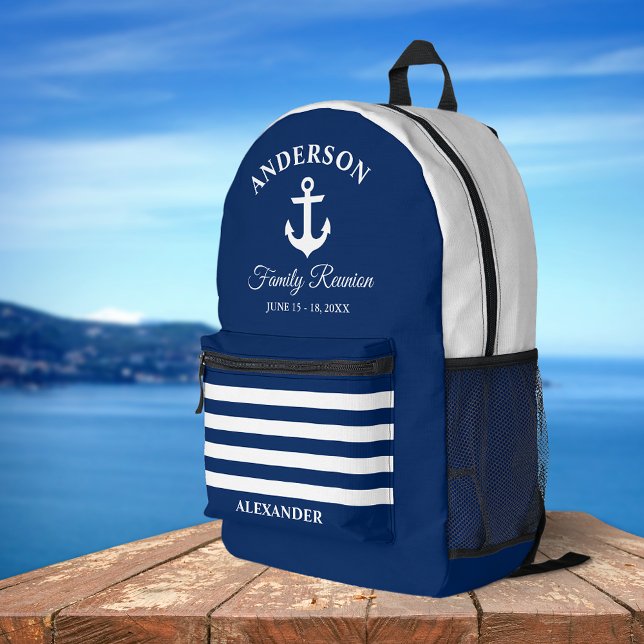 Sac À Dos Imprimé Ancre nautique Famille Réunion Marine Bleu Stripes (Customize to change text size or text style.)